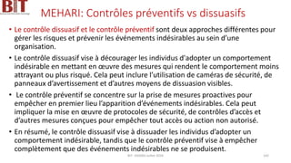 MEHARI: Contrôles préventifs vs dissuasifs
• Le contrôle dissuasif et le contrôle préventif sont deux approches différentes pour
gérer les risques et prévenir les événements indésirables au sein d’une
organisation.
• Le contrôle dissuasif vise à décourager les individus d'adopter un comportement
indésirable en mettant en œuvre des mesures qui rendent le comportement moins
attrayant ou plus risqué. Cela peut inclure l’utilisation de caméras de sécurité, de
panneaux d’avertissement et d’autres moyens de dissuasion visibles.
• Le contrôle préventif se concentre sur la prise de mesures proactives pour
empêcher en premier lieu l’apparition d’événements indésirables. Cela peut
impliquer la mise en œuvre de protocoles de sécurité, de contrôles d’accès et
d’autres mesures conçues pour empêcher tout accès ou action non autorisé.
• En résumé, le contrôle dissuasif vise à dissuader les individus d’adopter un
comportement indésirable, tandis que le contrôle préventif vise à empêcher
complètement que des événements indésirables ne se produisent.
BIT- AXIANS-Juillet 2024 142
 