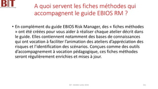 A quoi servent les fiches méthodes qui
accompagnent le guide EBIOS RM ?
• En complément du guide EBIOS Risk Manager, des « fiches méthodes
» ont été créées pour vous aider à réaliser chaque atelier décrit dans
le guide. Elles contiennent notamment des bases de connaissances
qui ont vocation à faciliter l’animation des ateliers d’appréciation des
risques et l’identification des scénarios. Conçues comme des outils
d’accompagnement à vocation pédagogique, ces fiches méthodes
seront régulièrement enrichies et mises à jour.
BIT- AXIANS-Juillet 2024 161
 