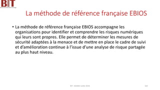 La méthode de référence française EBIOS
• La méthode de référence française EBIOS accompagne les
organisations pour identifier et comprendre les risques numériques
qui leurs sont propres. Elle permet de déterminer les mesures de
sécurité adaptées à la menace et de mettre en place le cadre de suivi
et d’amélioration continue à l’issue d’une analyse de risque partagée
au plus haut niveau.
BIT- AXIANS-Juillet 2024 162
 