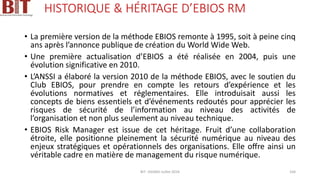 HISTORIQUE & HÉRITAGE D’EBIOS RM
• La première version de la méthode EBIOS remonte à 1995, soit à peine cinq
ans après l’annonce publique de création du World Wide Web.
• Une première actualisation d’EBIOS a été réalisée en 2004, puis une
évolution significative en 2010.
• L’ANSSI a élaboré la version 2010 de la méthode EBIOS, avec le soutien du
Club EBIOS, pour prendre en compte les retours d’expérience et les
évolutions normatives et réglementaires. Elle introduisait aussi les
concepts de biens essentiels et d’événements redoutés pour apprécier les
risques de sécurité de l’information au niveau des activités de
l’organisation et non plus seulement au niveau technique.
• EBIOS Risk Manager est issue de cet héritage. Fruit d’une collaboration
étroite, elle positionne pleinement la sécurité numérique au niveau des
enjeux stratégiques et opérationnels des organisations. Elle oﬀre ainsi un
véritable cadre en matière de management du risque numérique.
BIT- AXIANS-Juillet 2024 164
 