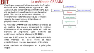 La méthode CRAMM
• C’est le gouvernement britannique qui est à l’origine
de la méthode CRAMM ; elle est apparue en 1987.
Au départ, elle concernait les administrations, puis
elle s’est orientée vers les entreprises du secteur
privé. Elle a subi de nombreuses révisions, sa
dernière version étant la version 5. Le service de
sécurité du gouvernement britannique est
propriétaire de la méthode.
• La méthode CRAMM1 est une méthode d’analyse et
de maîtrise des risques concernant le système
d’information d’une entreprise créée en 1986 par
Siemens en Angleterre. Cette méthode est
entièrement conforme à la norme ISO 27001.
• Avec ses 3 000 points de contrôle, l’exhaustivité de
cette méthode est assez lourde et reste
essentiellement réservée aux grandes entreprises.
• Cette méthode se décompose en 3 principales
étapes :
BIT- AXIANS-Juillet 2024 165
 
