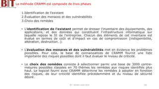 La méthode CRAMM est composée de trois phases
1.Identification de l'existant
2.Évaluation des menaces et des vulnérabilités
3.Choix des remèdes
• L'identification de l'existant permet de dresser l'inventaire des équipements, des
applications, et des données qui constituent l'infrastructure informatique sur
laquelle repose le SI de l'entreprise. Chacun des éléments de cet inventaire est
évalué en termes de coût et d'impact en cas de compromission (indisponibilité,
altération, destruction…).
• L'évaluation des menaces et des vulnérabilités met en évidence les problèmes
possibles. Pour cela, la base de connaissances de CRAMM fournit une liste
importante des risques possibles dont il faut évaluer le niveau de criticité.
• Le choix des remèdes consiste à sélectionner parmi une base de 3000 contre-
mesures possibles classées en 70 thèmes les remèdes aux risques identifiés plus
haut. Le logiciel fourni avec CRAMM détermine les remèdes à adopter en fonction
des risques, de leur criticité identifiée précédemment et du niveau de sécurité
désiré.
BIT- AXIANS-Juillet 2024 166
 