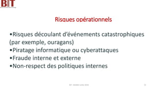 Risques opérationnels
•Risques découlant d’événements catastrophiques
(par exemple, ouragans)
•Piratage informatique ou cyberattaques
•Fraude interne et externe
•Non-respect des politiques internes
BIT- AXIANS-Juillet 2024 23
 