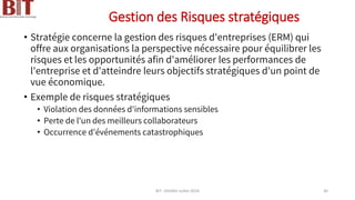 Gestion des Risques stratégiques
• Stratégie concerne la gestion des risques d'entreprises (ERM) qui
offre aux organisations la perspective nécessaire pour équilibrer les
risques et les opportunités afin d'améliorer les performances de
l'entreprise et d'atteindre leurs objectifs stratégiques d'un point de
vue économique.
• Exemple de risques stratégiques
• Violation des données d'informations sensibles
• Perte de l'un des meilleurs collaborateurs
• Occurrence d'événements catastrophiques
BIT- AXIANS-Juillet 2024 30
 