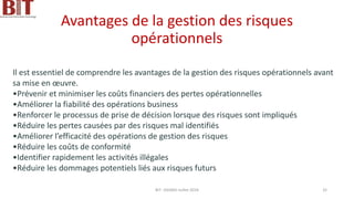 Avantages de la gestion des risques
opérationnels
Il est essentiel de comprendre les avantages de la gestion des risques opérationnels avant
sa mise en œuvre.
•Prévenir et minimiser les coûts financiers des pertes opérationnelles
•Améliorer la fiabilité des opérations business
•Renforcer le processus de prise de décision lorsque des risques sont impliqués
•Réduire les pertes causées par des risques mal identifiés
•Améliorer l’efficacité des opérations de gestion des risques
•Réduire les coûts de conformité
•Identifier rapidement les activités illégales
•Réduire les dommages potentiels liés aux risques futurs
BIT- AXIANS-Juillet 2024 32
 