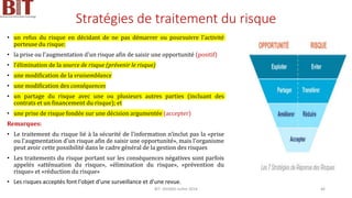 Stratégies de traitement du risque
• un refus du risque en décidant de ne pas démarrer ou poursuivre l'activité
porteuse du risque;
• la prise ou l'augmentation d'un risque afin de saisir une opportunité (positif)
• l'élimination de la source de risque (prévenir le risque)
• une modification de la vraisemblance
• une modification des conséquences
• un partage du risque avec une ou plusieurs autres parties (incluant des
contrats et un financement du risque); et
• une prise de risque fondée sur une décision argumentée (accepter)
Remarques:
• Le traitement du risque lié à la sécurité de l'information n'inclut pas la «prise
ou l'augmentation d'un risque afin de saisir une opportunité», mais l'organisme
peut avoir cette possibilité dans le cadre général de la gestion des risques
• Les traitements du risque portant sur les conséquences négatives sont parfois
appelés «atténuation du risque», «élimination du risque», «prévention du
risque» et «réduction du risque»
• Les risques acceptés font l'objet d'une surveillance et d'une revue.
BIT- AXIANS-Juillet 2024 46
 