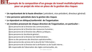 Exemple de la composition d’un groupe de travail multidisciplinaire
pour un projet de mise en place de la gestion des risques
• Un représentant de la haute direction ( président, vice-président, directeur général)
• Une personne spécialisée dans la gestion des risques
• Le répondant en éthique/conformité de l’organisation
• Un membre provenant de chaque direction de l’organisation, en particulier :
❑une personne de la Direction des communications ;
❑une personne de la Direction des ressources humaines ;
❑une personne de la Direction des affaires juridiques ;
❑une personne du Secrétariat général ;
❑une personne de la Direction de l’administration ;
❑une ou des personnes des directions opérationnelles ;
❑une personne des services de la sécurité de l’information ;
❑une personne de la Direction de la vérification ou de l’audit interne ;
❑le responsable de l’observation des règles contractuelles, etc.
BIT- AXIANS-Juillet 2024 51
 