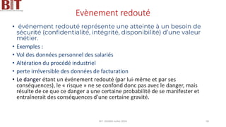 Evènement redouté
• événement redouté représente une atteinte à un besoin de
sécurité (confidentialité, intégrité, disponibilité) d’une valeur
métier.
• Exemples :
• Vol des données personnel des salariés
• Altération du procédé industriel
• perte irréversible des données de facturation
• Le danger étant un événement redouté (par lui-même et par ses
conséquences), le « risque » ne se confond donc pas avec le danger, mais
résulte de ce que ce danger a une certaine probabilité de se manifester et
entraînerait des conséquences d'une certaine gravité.
BIT- AXIANS-Juillet 2024 58
 