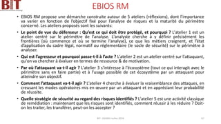 EBIOS RM
• EBIOS RM propose une démarche construite autour de 5 ateliers (réflexions), dont l’importance
va varier en fonction de l’objectif fixé pour l’analyse de risques et la maturité du périmètre
concerné. Les ateliers proposés sont les suivants:
• Le point de vue du défenseur : Qu’est ce qui doit être protégé, et pourquoi ? L'atelier 1 est un
atelier centré sur le périmètre de l'analyse. L'analyste cherche à y définir précisément les
frontières (où commence et où se termine l'analyse), ce que les métiers craignent, et l’état
d’application du cadre légal, normatif ou réglementaire (le socle de sécurité) sur le périmètre à
analyser.
• Qui est l’agresseur et pourquoi passe-t-il à l’acte ? L'atelier 2 est un atelier centré sur l'attaquant,
qu'on va chercher à évaluer en termes de ressource & de motivation.
• Par où l’attaquant va-t-il agir ? L'atelier 3 s'intéresse à l'écosystème (tout ce qui interagit avec le
périmètre sans en faire partie) et à l'usage possible de cet écosystème par un attaquant pour
atteindre son objectif.
• Comment l’attaquant va-t-il agir ? L'atelier 4 cherche à évaluer la vraisemblance des attaques, en
creusant les modes opératoires mis en œuvre par un attaquant et en appréciant leur probabilité
de réussite.
• Quelle stratégie de sécurité au regard des risques identifiés ? L'atelier 5 est une activité classique
de remédiation : maintenant que les risques sont identifiés, comment réussir à les réduire ? Doit-
on les traiter, les transférer, peut-on les accepter ?
BIT- AXIANS-Juillet 2024 67
 