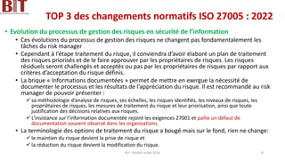 TOP 3 des changements normatifs ISO 27005 : 2022
• Evolution du processus de gestion des risques en sécurité de l’information
• Ces évolutions du processus de gestion des risques ne changent pas fondamentalement les
tâches du risk manager
• Cependant à l’étape traitement du risque, il conviendra d’avoir élaboré un plan de traitement
des risques priorisés et de le faire approuver par les propriétaires de risques. Les risques
résiduels seront challengés et acceptés ou pas par les propriétaires de risques par rapport aux
critères d’acceptation du risque définis.
• La brique « Informations documentées » permet de mettre en exergue la nécessité de
documenter le processus et les résultats de l’appréciation du risque. Il est recommandé au risk
manager de pouvoir présenter :
✓ sa méthodologie d’analyse de risques, ses échelles, les risques identifiés, les niveaux de risques, les
propriétaires de risques, les mesures de traitement du risque et leur priorisation, ainsi que toute
justification des décisions relatives aux risques.
✓ L’insistance sur l’information documentée rejoint les exigences 27001 et pallie un défaut de
documentation souvent observé dans les organisations.
• La terminologie des options de traitement du risque a bougé mais sur le fond, rien ne change:
✓ le maintien du risque devient la prise de risque et
✓ la réduction du risque devient la modification du risque.
BIT- AXIANS-Juillet 2024 8
 