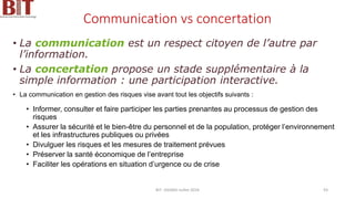 Communication vs concertation
• La communication est un respect citoyen de l’autre par
l’information.
• La concertation propose un stade supplémentaire à la
simple information : une participation interactive.
• La communication en gestion des risques vise avant tout les objectifs suivants :
• Informer, consulter et faire participer les parties prenantes au processus de gestion des
risques
• Assurer la sécurité et le bien-être du personnel et de la population, protéger l’environnement
et les infrastructures publiques ou privées
• Divulguer les risques et les mesures de traitement prévues
• Préserver la santé économique de l’entreprise
• Faciliter les opérations en situation d’urgence ou de crise
BIT- AXIANS-Juillet 2024 93
 
