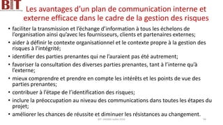 Les avantages d’un plan de communication interne et
externe efficace dans le cadre de la gestion des risques
• faciliter la transmission et l’échange d’information à tous les échelons de
l’organisation ainsi qu’avec les fournisseurs, clients et partenaires externes;
• aider à définir le contexte organisationnel et le contexte propre à la gestion des
risques à l’intégrité;
• identifier des parties prenantes qui ne l’auraient pas été autrement;
• favoriser la consultation des diverses parties prenantes, tant à l’interne qu’à
l’externe;
• mieux comprendre et prendre en compte les intérêts et les points de vue des
parties prenantes;
• contribuer à l’étape de l’identification des risques;
• inclure la préoccupation au niveau des communications dans toutes les étapes du
projet;
• améliorer les chances de réussite et diminuer les résistances au changement.
BIT- AXIANS-Juillet 2024 94
 