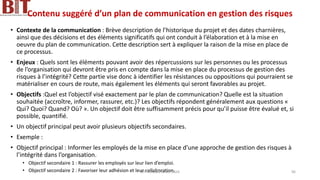 Contenu suggéré d’un plan de communication en gestion des risques
• Contexte de la communication : Brève description de l’historique du projet et des dates charnières,
ainsi que des décisions et des éléments significatifs qui ont conduit à l’élaboration et à la mise en
oeuvre du plan de communication. Cette description sert à expliquer la raison de la mise en place de
ce processus.
• Enjeux : Quels sont les éléments pouvant avoir des répercussions sur les personnes ou les processus
de l’organisation qui devront être pris en compte dans la mise en place du processus de gestion des
risques à l’intégrité? Cette partie vise donc à identifier les résistances ou oppositions qui pourraient se
matérialiser en cours de route, mais également les éléments qui seront favorables au projet.
• Objectifs :Quel est l’objectif visé exactement par le plan de communication? Quelle est la situation
souhaitée (accroître, informer, rassurer, etc.)? Les objectifs répondent généralement aux questions «
Qui? Quoi? Quand? Où? ». Un objectif doit être suffisamment précis pour qu’il puisse être évalué et, si
possible, quantifié.
• Un objectif principal peut avoir plusieurs objectifs secondaires.
• Exemple :
• Objectif principal : Informer les employés de la mise en place d’une approche de gestion des risques à
l’intégrité dans l’organisation.
• Objectif secondaire 1 : Rassurer les employés sur leur lien d’emploi.
• Objectif secondaire 2 : Favoriser leur adhésion et leur collaboration.
BIT- AXIANS-Juillet 2024 96
 