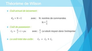  Coût annuel de lancement :
𝑪 𝑳 = N ∗ C avec : N: nombre de commandes
N =
𝐷
𝑄
 Coût de possession :
𝐶𝑆 =
𝑄
2
∗ 𝑡 ∗ 𝑝𝑢 avec :
𝑄
2
Le stock moyen dans l’entreprise
 Le coût total des coûts : 𝐶 𝑇 = 𝐶𝑆 + 𝐶𝐿
Théorème de Wilson
 