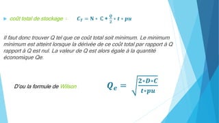  coût total de stockage ∶ 𝑪 𝑻 = 𝐍 ∗ C +
𝑸
𝟐
∗ 𝒕 ∗ 𝒑𝒖
Il faut donc trouver Q tel que ce coût total soit minimum. Le minimum
minimum est atteint lorsque la dérivée de ce coût total par rapport à Q
rapport à Q est nul. La valeur de Q est alors égale à la quantité
économique Qe.
D’ou la formule de Wilson : 𝑸 𝒆 =
𝟐∗𝑫∗𝑪
𝒕∗𝒑𝒖
 