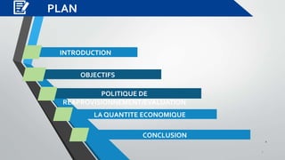 PLAN
2
INTRODUCTION
OBJECTIFS
POLITIQUE DE
REAPROVISIONNEMENT/EVALUATION
LA QUANTITE ECONOMIQUE
CONCLUSION
2
 