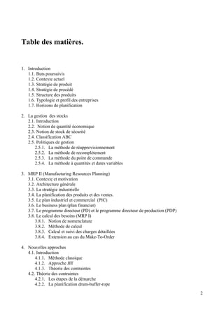 2
Table des matières.
1. Introduction
1.1. Buts poursuivis
1.2. Contexte actuel
1.3. Stratégie de produit
1.4. Stratégie de procédé
1.5. Structure des produits
1.6. Typologie et profil des entreprises
1.7. Horizons de planification
2. La gestion des stocks
2.1. Introduction
2.2. Notion de quantité économique
2.3. Notion de stock de sécurité
2.4. Classification ABC
2.5. Politiques de gestion
2.5.1. La méthode de réapprovisionnement
2.5.2. La méthode de recomplètement
2.5.3. La méthode du point de commande
2.5.4. La méthode à quantités et dates variables
3. MRP II (Manufacturing Resources Planning)
3.1. Contexte et motivation
3.2. Architecture générale
3.3. La stratégie industrielle
3.4. La planification des produits et des ventes.
3.5. Le plan industriel et commercial (PIC)
3.6. Le business plan (plan financier)
3.7. Le programme directeur (PD) et le programme directeur de production (PDP)
3.8. Le calcul des besoins (MRP I)
3.8.1. Notion de nomenclature
3.8.2. Méthode de calcul
3.8.3. Calcul et suivi des charges détaillées
3.8.4. Extension au cas du Make-To-Order
4. Nouvelles approches
4.1. Introduction
4.1.1. Méthode classique
4.1.2. Approche JIT
4.1.3. Théorie des contraintes
4.2. Théorie des contraintes
4.2.1. Les étapes de la démarche
4.2.2. La planification drum-buffer-rope
 