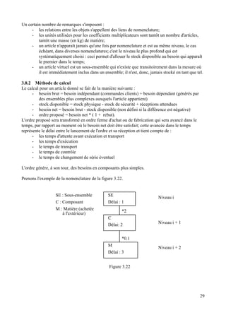Un certain nombre de remarques s'imposent :
- les relations entre les objets s'appellent des liens de nomenclature;
- les unités utilisées pour les coefficients multiplicateurs sont tantôt un nombre d'articles,
tantôt une masse (en kg) de matière;
- un article n'apparaît jamais qu'une fois par nomenclature et est au même niveau, le cas
échéant, dans diverses nomenclatures; c'est le niveau le plus profond qui est
systématiquement choisi : ceci permet d'allouer le stock disponible au besoin qui apparaît
le premier dans le temps;
- un article virtuel est un sous-ensemble qui n'existe que transitoirement dans la mesure où
il est immédiatement inclus dans un ensemble; il n'est, donc, jamais stocké en tant que tel.
3.8.2 Méthode de calcul
Le calcul pour un article donné se fait de la manière suivante :
- besoin brut = besoin indépendant (commandes clients) + besoin dépendant (générés par
des ensembles plus complexes auxquels l'article appartient)
- stock disponible = stock physique - stock de sécurité + réceptions attendues
- besoin net = besoin brut - stock disponible (non défini si la différence est négative)
- ordre proposé = besoin net * ( 1 + rebut).
L'ordre proposé sera transformé en ordre ferme d'achat ou de fabrication qui sera avancé dans le
temps, par rapport au moment où le besoin net doit être satisfait; cette avancée dans le temps
représente le délai entre le lancement de l'ordre et sa réception et tient compte de :
- les temps d'attente avant exécution et transport
- les temps d'exécution
- le temps de transport
- le temps de contrôle
- le temps de changement de série éventuel
L'ordre génère, à son tour, des besoins en composants plus simples.
Prenons l'exemple de la nomenclature de la figure 3.22.
SE
Délai : 1
C
Délai: 2
*2
M
Délai : 3
*0.1
SE : Sous-ensemble
C : Composant
M : Matière (achetée
à l'extérieur)
Niveau i
Niveau i + 1
Niveau i + 2
Figure 3.22
29
 