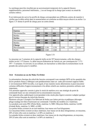 34
La surcharge peut être résorbée par un accroissement temporaire de la capacité (heures
supplémentaires, personnel intérimaire,...) ou un lissage de la charge (par avance ou retard de
certains ordres).
Il est intéressant de suivre les profils de charge correspondant aux différents centres de manière à
vérifier que le délai utilisé dans la nomenclature est conforme au délai moyen observé en atelier. La
figure 3.31 donne le profil de charge pour un centre donné.
S-3 S-2 S-1 S1 S2 S3
Entrées
Prévisionnelles 435 350 410 390 380 380
Réelles 390 340 420
Sorties
Prévisionnelles 400 400 400 400 400 400
Réelles 390 380 420
Charge
Prévisionnelle 1235 1150 1170 1150 1130 1110
Réelle 1200 1160 1160
Figure 3.31
La moyenne sur 3 semaines de la capacité réelle est de 397 heures/semaine, celle des charges
réelles est de 1.173 heures. Le délai moyen d'obtention de l'article est, par conséquent de 1.173 /
397 = 3 semaines. Il convient, le cas échéant, de réactualiser ce délai dans la nomenclature ou de
prendre des actions pour le modifier.
3.8.4 Extension au cas du Make-To-Order
La présentation classique du calcul des besoins correspond à une stratégie MTS où les quantités des
divers produits finaux à fabriquer sont prédéterminées dans un cadre prévisionnel supposé fiable.
L’environnement MTO travaille, à cet égard, d’une manière moins déterministe et peut rencontrer
certaines difficultés d’approvisionnement si les délais relatifs aux matières premières utilisées sont
importants.
Une première approche consiste à gérer le stock de matières avec une stratégie de point de
commande basée sur une estimation de la consommation moyenne.
Une approche plus sophistiquée (correspondant à des stocks plus légers) consiste à adapter quelque
peu la version classique du calcul des besoins.
Illustrons cela par l’exemple d’un fabricant de boîtes aux lettres privées et publiques (découpe-
pliage-soudage de tôles) fournissant sur commande 3 familles de modèles en 2 matériaux.
Les produits sont notés PB1 (Petite Boîte, matériau 1), MB1 (Moyenne Boîte, matériau 1),GB1
(Grande Boîte, matériau 1), MB2, et GB2.
Les petites boîtes existent en un seul matériau; leur masse est d’un kilogramme.
Les moyennes boîtes existent en deux matériaux; leur masse est de deux kilogrammes; en moyenne,
60% d’entre elles sont en matériau 1 et 40% en matériau 2.
Les grandes boîtes existent en deux matériaux; leur masse est de cinq kilogrammes; en moyenne,
20% d’entre elles sont en matériau 1 et 80% en matériau 2.
 