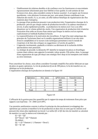 49
- l'établissement de relations durables et de confiance avec les fournisseurs et sous-traitants
rigoureusement sélectionnés pour leur fiabilité et leur qualité; le coût unitaire de leur
livraison n'est, donc, plus considéré comme le facteur essentiel. A cet égard, une livraison
quotidienne, voire plusieurs livraisons par jour, sont autant d'atouts contribuant à une
réduction des stocks; il y a, en outre, un effet indirect bénéfique de régularisation des flux
matériels dans l'entreprise.
- Le passage d'une production poussée à une production tirée; l'organisation classique de la
production prévoit que chaque station de production travaille à sa cadence maximum et
envoie, le plus rapidement possible, sa production à la station aval. Ceci a un effet
désastreux sur le volume global des stocks. Une organisation de production tirée n'autorise
l'exécution d'un ordre au niveau d'une station que lorsque la station aval en exprime
explicitement (cf méthode Kanban) le besoin.
- La responsibilisation et la motivation des travailleurs. Il s'agit d'un rejet catégorique des
principes du Taylorisme (basé sur le modèle organisationel militaire et sur une main
d'oeuvre analphabète) et le recours à des techniques permettant à tout le monde de
s'exprimer et de faire des critiques ou suggestions ( cf cercles de qualité ).
- L'approche incrémentale, graduelle et itérative au détriment de la recherche d'effets
spectaculaires mais ponctuels.
- La stratégie de procédé; la démarche JIT identifie le transport de pièces et d'outillages
comme étant coûteux sans apporter la moindre valeur ajoutée. Elle prône, donc, le passage
d'une organisation de type job shop à une stratégie flow shop où les transports sont réduits
au strict minimum.
Pour concrétiser les choses, nous allons considérer l'exemple simplifié d'un atelier fabricant un type
de pièce en quatre opérations. Le lot de production Q est de 200 pièces; le lot de transfert est, ici,
identique au lot de production.
L'organisation classique de la production est donnée à la figure 4.8
Opération Oi ( min) Q*Oi (min) Transfert (min)
1 2 400 20
2 3 600 20
3 4 800 20
4 5 1000 -
Total 14 2800 60
Figure 4.8
L'efficacité de la gestion peut être quantifiée par le rapport du temps de traitement d'une pièce par
rapport à son lead time : 14 / 2860 soit 0.49%.
Une première amélioration consiste à utiliser le principe du chevauchement (overlapping) des
opérations qui consiste à transférer le lot de production en deux fois en sorte que les stations aval
puissent être mises plus rapidement au travail. Les tailles Q1 et Q2 des lots de transfert se calculent
de manière à ce que la station aval n'attende pas :
Q = Q1 + Q2
Q1* Oaval > Q2 * Oamont
On déduit :
Q1 > ( Q * Oamont ) / ( Oamont + Oaval )
Q2 = Q - Q1
 