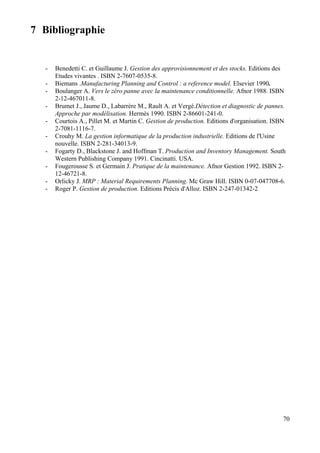 70
7 Bibliographie
- Benedetti C. et Guillaume J. Gestion des approvisionnement et des stocks. Editions des
Etudes vivantes . ISBN 2-7607-0535-8.
- Biemans .Manufacturing Planning and Control : a reference model. Elsevier 1990.
- Boulanger A. Vers le zéro panne avec la maintenance conditionnelle. Afnor 1988. ISBN
2-12-467011-8.
- Brumet J., Jaume D., Labarrère M., Rault A. et Vergé.Détection et diagnostic de pannes.
Approche par modélisation. Hermès 1990. ISBN 2-86601-241-0.
- Courtois A., Pillet M. et Martin C. Gestion de production. Editions d'organisation. ISBN
2-7081-1116-7.
- Crouhy M. La gestion informatique de la production industrielle. Editions de l'Usine
nouvelle. ISBN 2-281-34013-9.
- Fogarty D., Blackstone J. and Hoffman T. Production and Inventory Management. South
Western Publishing Company 1991. Cincinatti. USA.
- Fougerousse S. et Germain J. Pratique de la maintenance. Afnor Gestion 1992. ISBN 2-
12-46721-8.
- Orlicky J. MRP : Material Requirements Planning. Mc Graw Hill. ISBN 0-07-047708-6.
- Roger P. Gestion de production. Editions Précis d'Alloz. ISBN 2-247-01342-2
 