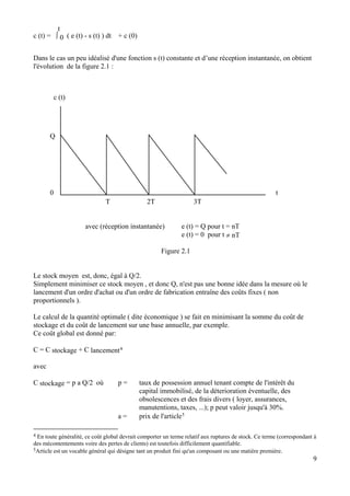 c (t) = ∫
t
0 ( e (t) - s (t) ) dt + c (0)
Dans le cas un peu idéalisé d'une fonction s (t) constante et d’une réception instantanée, on obtient
l'évolution de la figure 2.1 :
c (t)
t
Q
0
T 2T 3T
avec (réception instantanée) e (t) = Q pour t = nT
e (t) = 0 pour t ≠ nT
Figure 2.1
Le stock moyen est, donc, égal à Q/2.
Simplement minimiser ce stock moyen , et donc Q, n'est pas une bonne idée dans la mesure où le
lancement d'un ordre d'achat ou d'un ordre de fabrication entraîne des coûts fixes ( non
proportionnels ).
Le calcul de la quantité optimale ( dite économique ) se fait en minimisant la somme du coût de
stockage et du coût de lancement sur une base annuelle, par exemple.
Ce coût global est donné par:
C = C stockage + C lancement4
avec
C stockage = p a Q/2 où p = taux de possession annuel tenant compte de l'intérêt du
capital immobilisé, de la déterioration éventuelle, des
obsolescences et des frais divers ( loyer, assurances,
manutentions, taxes, ...); p peut valoir jusqu'à 30%.
a = prix de l'article5
4 En toute généralité, ce coût global devrait comporter un terme relatif aux ruptures de stock. Ce terme (correspondant à
des mécontentements voire des pertes de clients) est toutefois difficilement quantifiable.
9
5Article est un vocable général qui désigne tant un produit fini qu'un composant ou une matière première.
 