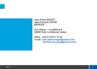 84
Mercer
Jean Pierre MAGOT
Jean-François GIUGE
MERCER
Tour Ariane – La Défense 9
92088 Paris La Défense Cedex
Office (33) 01 55 21 37 05
e-mail: jean-pierre.magot@mercer.com
Jeanfrancois.giuge@mercer.com
 