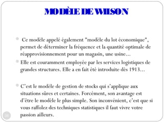 MODÈLEDEWILSON
 Ce modèle appelé également "modèle du lot économique",
permet de déterminer la fréquence et la quantité o...