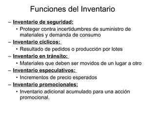   Funciones del Inventario  Inventario de seguridad:   Proteger contra incertidumbres de suministro de materiales y demanda de consumo Inventario cíclicos:  Resultado de pedidos o producción por lotes Inventario en tránsito:  Materiales que deben ser movidos de un lugar a otro Inventario especulativos:  Incrementos de precio esperados Inventario promocionales: Inventario adicional acumulado para una acción promocional. 