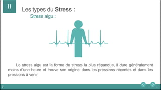 Les types du Stress :II
Le stress aigu est la forme de stress la plus répandue, il dure généralement
moins d’une heure et trouve son origine dans les pressions récentes et dans les
pressions à venir.
Stress aigu :
7
 