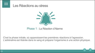 Les Réactions au stress
Phase 1 : La Réaction d’Alarme
III
C'est la phase initiale, où apparaissent les premières réactions à l'agression.
L’adrénaline est libérée dans le sang et prépare l’organisme à une action physique.
13
 