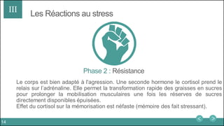 Les Réactions au stress
Phase 2 : Résistance
III
Le corps est bien adapté à l'agression. Une seconde hormone le cortisol prend le
relais sur l’adrénaline. Elle permet la transformation rapide des graisses en sucres
pour prolonger la mobilisation musculaires une fois les réserves de sucres
directement disponibles épuisées.
Effet du cortisol sur la mémorisation est néfaste (mémoire des fait stressant).
14
 