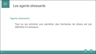 Les agents stressantsIV
Agents stressants :
Tout ce qui entraîne une sécrétion des hormones de stress est par
définition un stresseur.
17
 