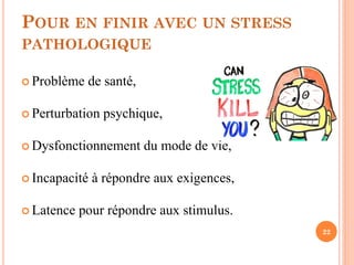 POUR EN FINIR AVEC UN STRESS
PATHOLOGIQUE
22
 Problème de santé,
 Perturbation psychique,
 Dysfonctionnement du mode de vie,
 Incapacité à répondre aux exigences,
 Latence pour répondre aux stimulus.
 