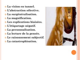 La vision en tunnel.
 L’abstraction sélective.
 La surgénéralisation.
 La magnification.
 Les explications biaisées.
 L’étiquetage négatif.
 La personnalisation.
 La lecture de la pensée.
 Le raisonnement subjectif.
 La catastrophisation.
 
