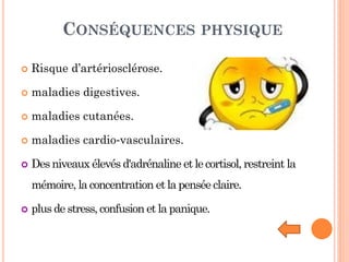 CONSÉQUENCES PHYSIQUE
 Risque d’artériosclérose.
 maladies digestives.
 maladies cutanées.
 maladies cardio‐vasculaires.
 Des niveaux élevés d'adrénaline et le cortisol, restreint la
mémoire, la concentration et la pensée claire.
 plus de stress, confusion et la panique.
 