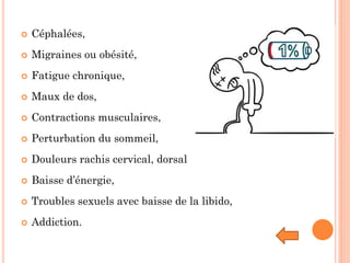  Céphalées,
 Migraines ou obésité,
 Fatigue chronique,
 Maux de dos,
 Contractions musculaires,
 Perturbation du sommeil,
 Douleurs rachis cervical, dorsal
 Baisse d’énergie,
 Troubles sexuels avec baisse de la libido,
 Addiction.
 