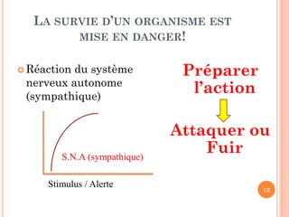 LA SURVIE D’UN ORGANISME EST
MISE EN DANGER!
12
 Réaction du système
nerveux autonome
(sympathique)
Préparer
l’action
Attaquer ou
Fuir
Stimulus / Alerte
S.N.A (sympathique)
 