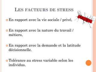 LES FACTEURS DE STRESS
 En rapport avec la vie sociale / privé,
 En rapport avec la nature du travail /
métiers,
 En rapport avec la demande et la latitude
décisionnelle.
 Tolérance au stress variable selon les
individus.
 