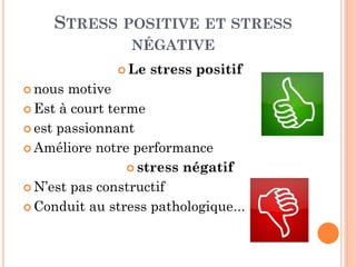 STRESS POSITIVE ET STRESS
NÉGATIVE
 Le stress positif
 nous motive
 Est à court terme
 est passionnant
 Améliore notre performance
 stress négatif
 N’est pas constructif
 Conduit au stress pathologique…
 