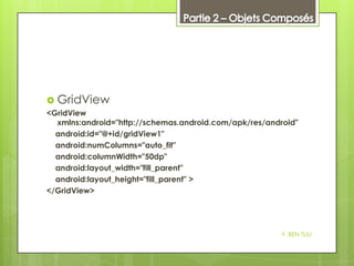  GridView
<GridView
xmlns:android="http://schemas.android.com/apk/res/android"
android:id="@+id/gridView1"
android:numColumns="auto_fit"
android:columnWidth="50dp"
android:layout_width="fill_parent"
android:layout_height="fill_parent" >
</GridView>

Y. BEN TLILI

 