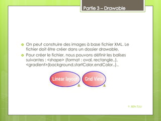 



On peut construire des images à base fichier XML. Le
fichier doit être créer dans un dossier drawable.
Pour créer le fichier, nous pouvons définir les balises
suivantes : <shape> (format : oval, rectangle..),
<gradient>(background,startColor,endColor..)..

Y. BEN TLILI

 