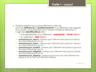 

Position relative aux autres éléments :Afin de
pouvoir référencer le positionnement d’un élément par rapport
à un autre, vous disposez d’un moyen simple et efficace, il
s’agit des identificateurs (ID) :
* A la déclaration d’un élément : android:id= “@+id/idElem”
* A l’utilisation : @id/idElem






android:layout_above : Indique que l’élément sera placé au-dessus
de celui indiqué par son id.
android:layout_below : Indique que l’élément sera placé en dessous
de celui indiqué par son id.
android:layout_toLeftOf : Indique que l’élément sera placé à gauche
de celui indiqué par son id.
android:layout_toRightOf : Indique que l’élément sera placé à droite
de celui indiqué par son id.
android:layout_alignTop : Indique que le haut de notre élément est
aligné avec le haut de l’élément indiqué.
Y. BEN TLILI

 