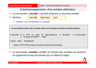 L’essentiel de l’administration
A.EL MAMOUN Administration d’un système Linux
Chapitre 1 : Gestion des utilisateurs et groupes
Page 10
 La commande « useradd » permet d’ajouter un nouveau compte
 Syntaxe :
 adduser : lien symbolique sur useradd
 La commande «userdel» modifie les fichiers des comptes du système,
en supprimant toutes les entrées qui se réfèrent à login.
useradd [options] user
• La commande suivante crée le compte robert avec la plupart des options de base précisées.
# useradd -m -u 1010 -g users -G video,dialout,lp -s /bin/bash -d /home/robert
-c "Compte de Robert" robert
# grep robert /etc/passwd
robert:x:1010:100:Compte de Robert:/home/robert:/bin/bash
 