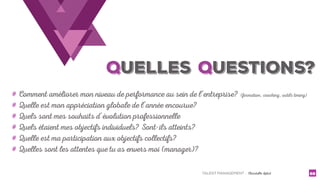 TALENT MANAGEMENT - Christelle Letist 88
# Comment améliorer mon niveau de performance au sein de l’entreprise? (formation, coaching, outils timing)
# Quelle est mon appréciation globale de l’année encourue?
# Quels sont mes souhaits d'évolution professionnelle
# Quels étaient mes objectifs individuels? Sont-ils atteints?
# Quelle est ma participation aux objectifs collectifs?
# Quelles sont les attentes que tu as envers moi (manager)?
QUELLES QUESTIONS?
 