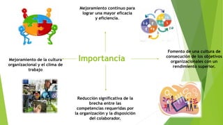 Importancia
Mejoramiento continuo para
lograr una mayor eficacia
y eficiencia.
Fomento de una cultura de
consecución de los objetivos
organizacionales con un
rendimiento superior.
Reducción significativa de la
brecha entre las
competencias requeridas por
la organización y la disposición
del colaborador.
Mejoramiento de la cultura
organizacional y el clima de
trabajo
 