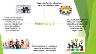 Importancia
Mayor satisfacción laboral por
parte de los colaboradores.
Disminución de la rotación de
personal y aumento en la
retención de talento clave.
Una estrategia de gestión
de talento humano a largo
plazo te garantiza contar
con el personal ideal
para hacer que tu
organización
Contar con un equipo
de empleados calificados
y motivados es un
elemento vital para el
éxito de cualquier
organización en la
economía actual
 