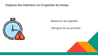 Impacte des imprévus sur la gestion du temps
Retard sur ses objectifs
S’éloigner de ses priorités
 