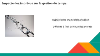 Impacte des imprévus sur la gestion du temps
Rupture de la chaîne d’organisation
Difficulté à fixer de nouvelles priorités
 