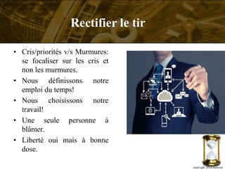 • Cris/priorités v/s Murmures:
se focaliser sur les cris et
non les murmures.
• Nous définissons notre
emploi du temps!
• Nous choisissons notre
travail!
• Une seule personne à
blâmer.
• Liberté oui mais à bonne
dose.
copyright 2014 metcom
Rectifier le tir
 